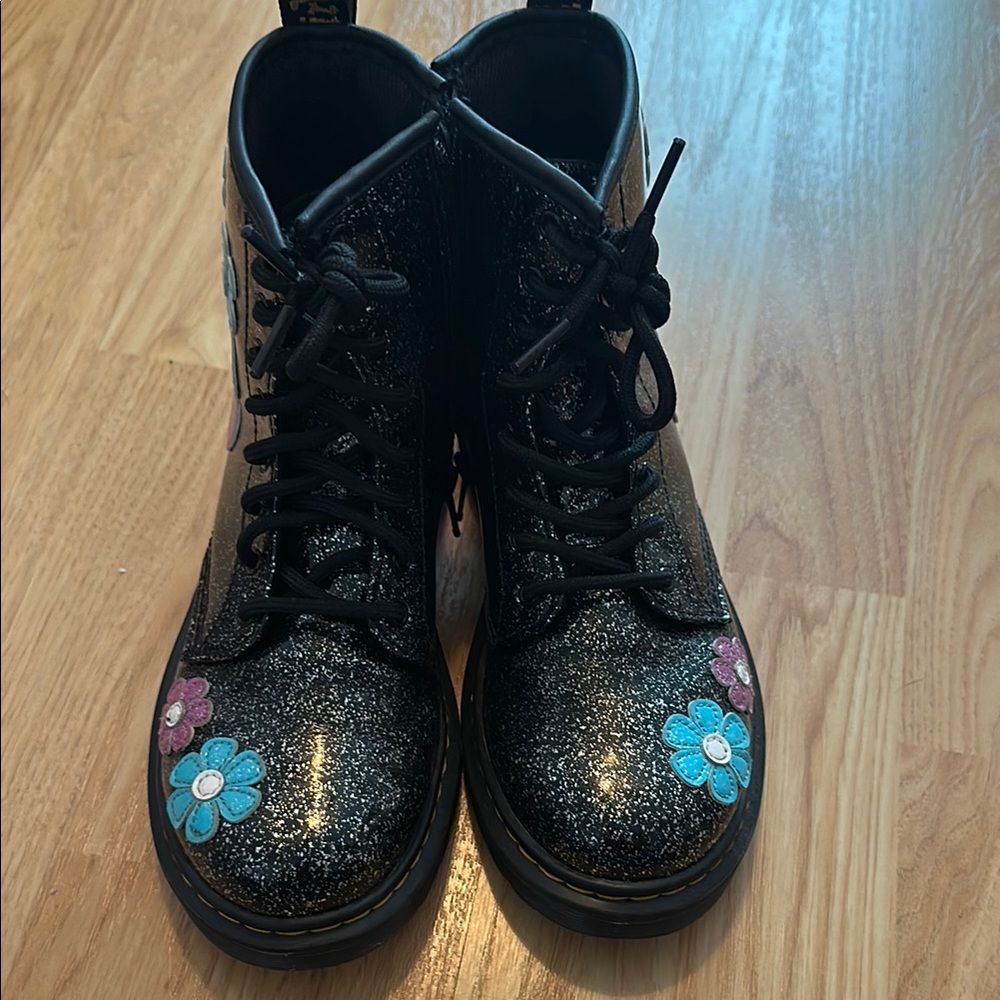 Dr. Martens Black Glitter Boots with Floral Accents